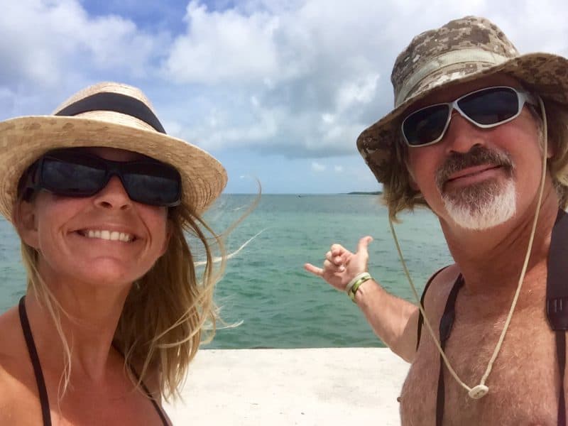 ellen and theo in xcalak, mexico by the sea in 2016, one of their early stops during slow travel in retirement