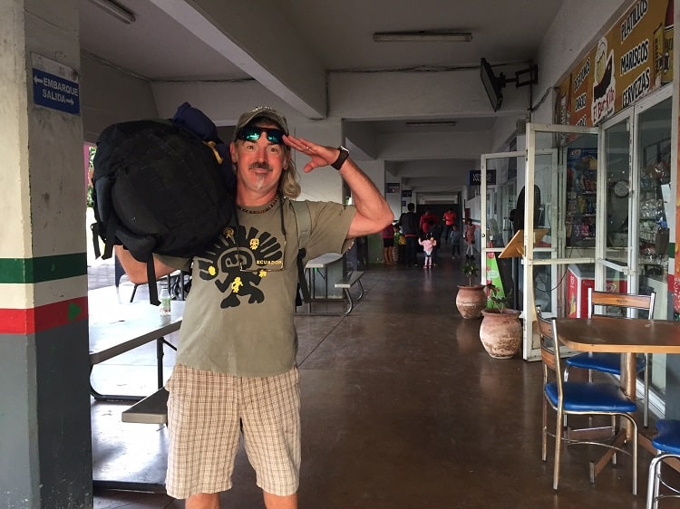 Theo carries all of our bags onto the ferry in Mazatlan bound for La Paz.