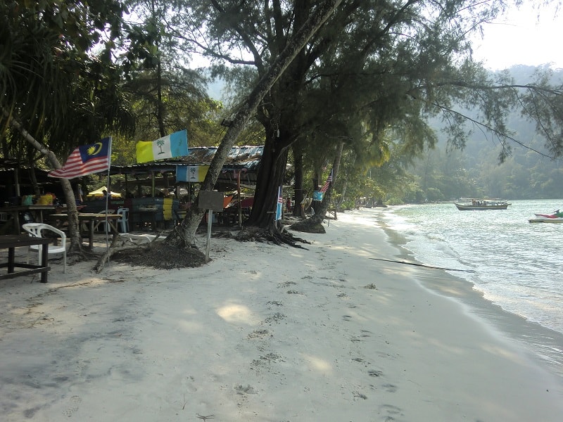 Shady beach with palm trees and a few boats in a calm bay