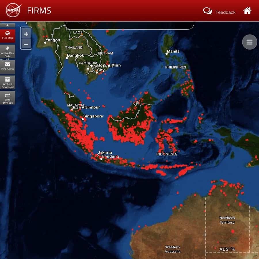 a NASA image that shows where the world is burning in southeast asia