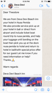 A screen shot of the first WhatsApp message described in the story of our hotel booking problem.