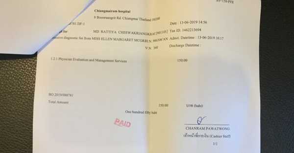 an example of a doctor's bill at a hospital in Thailand