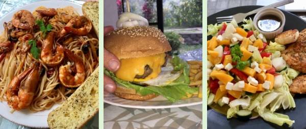 Prawns and spaghetti, triple cheeseburger, chicken salad platter, from Cliff House in Negros Oriental, Philippines.