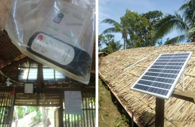 Left, remote control in a plastic bag; right, let there be light-- the solar lighting device against the henhouse roof.