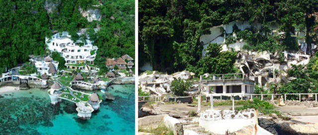 Left, aerial view of the West Cove Boracay Resort before demolition in 2018; right, the ruins of the place now post-demolition in a pandemic world with few, if any, tourists.