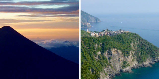 Left, the top of a Guatemalan volcano seen at sunrise, and right, a clifftop village in Cinque Terre, Italy both look surreal enough to be on a YES album cover.