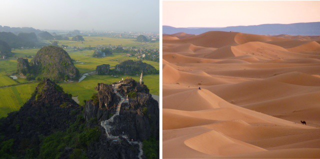 Left, Ninh Binh, Vietnam looks surreal it could be a YES album cover, and the same goes for the Sahara sand dunes, pictured on the right with a caeml and a person in the distance.