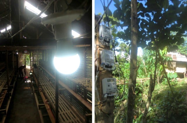 Left, a single light bulb shines inside the rebuilt Ati henhouse in Malay's upper village; right, electric meters outside a modest Ati home.