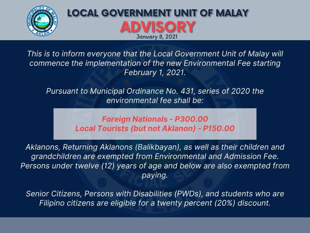Announcement by the local government in Malay, Aklan, Philippines, about the new fee to enter Boracay Island.
