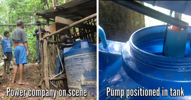 Left, the power company on scene for the Ati water pump project; right, the pump positioned in the water tank.