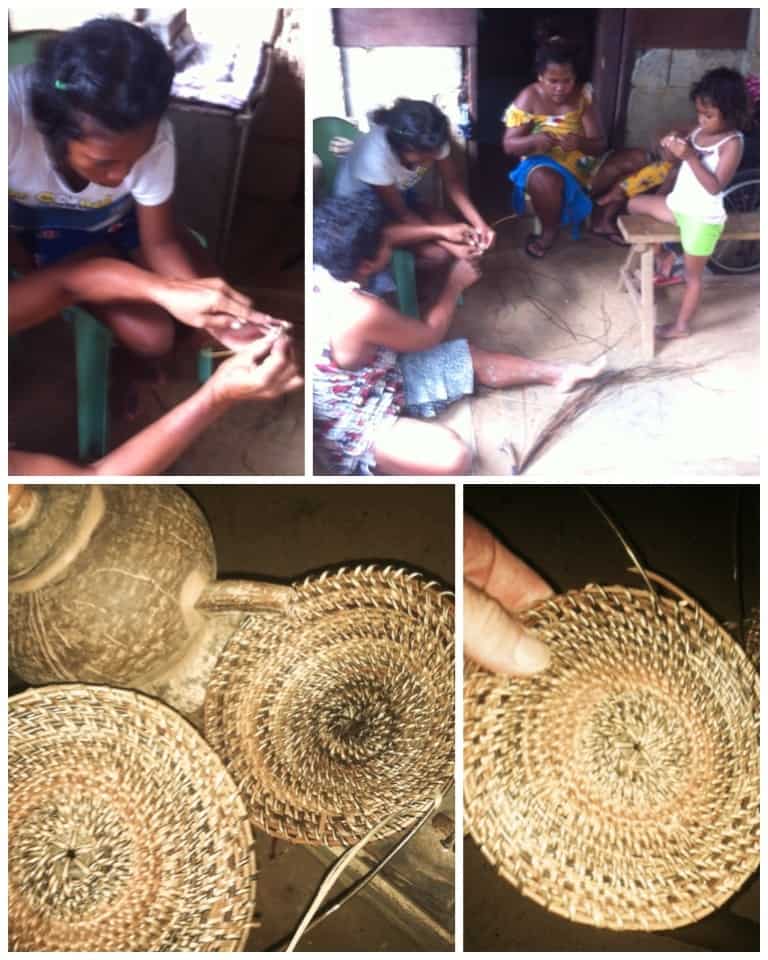 Top, Ati women and teens use a small tool to weave products; bottom, coasters made by hand.