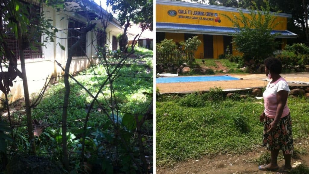 left, Ati school with barbed wire fence; right, Emma at the school