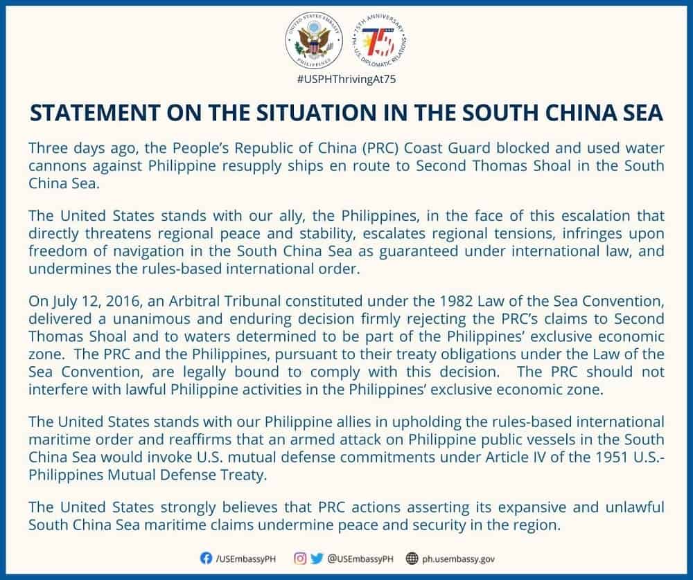 "Statement on the situation in the South China Sea" by the U.S. State Department.