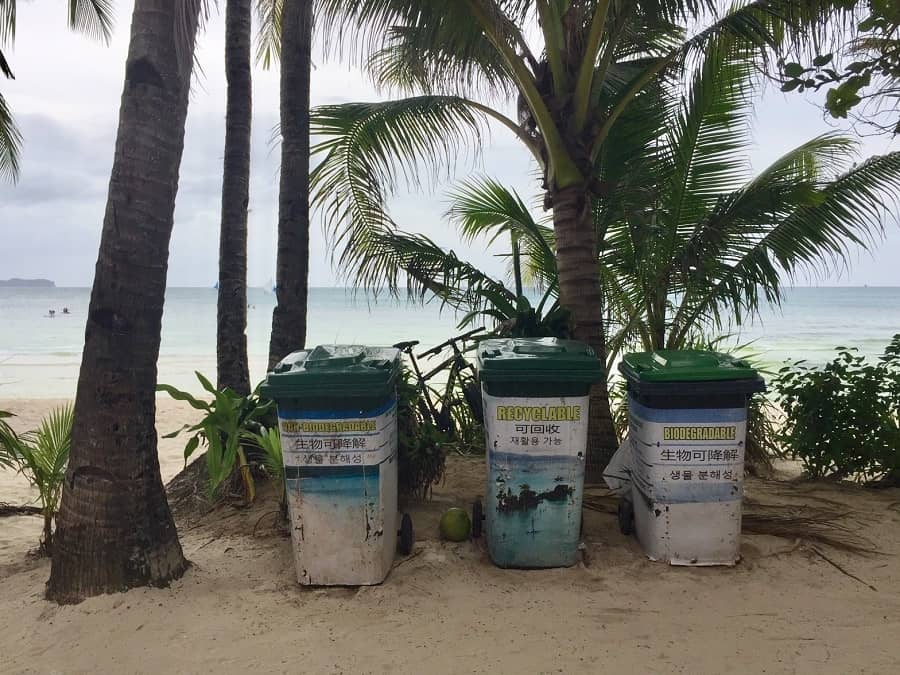 Garbage cans on White Beach, Boracay Island, during the holiday vacation season in 2021.