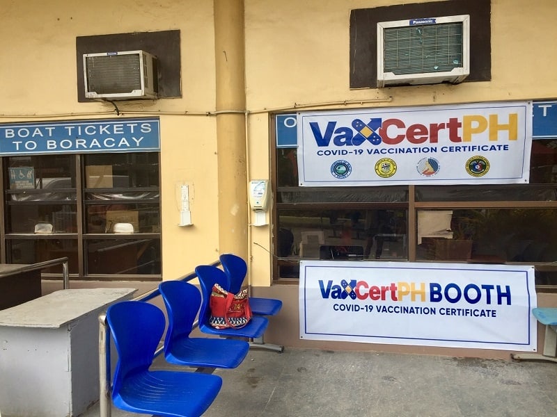 The VaxCert stand at the jetty port in Caticlan, Malay, Philippines.