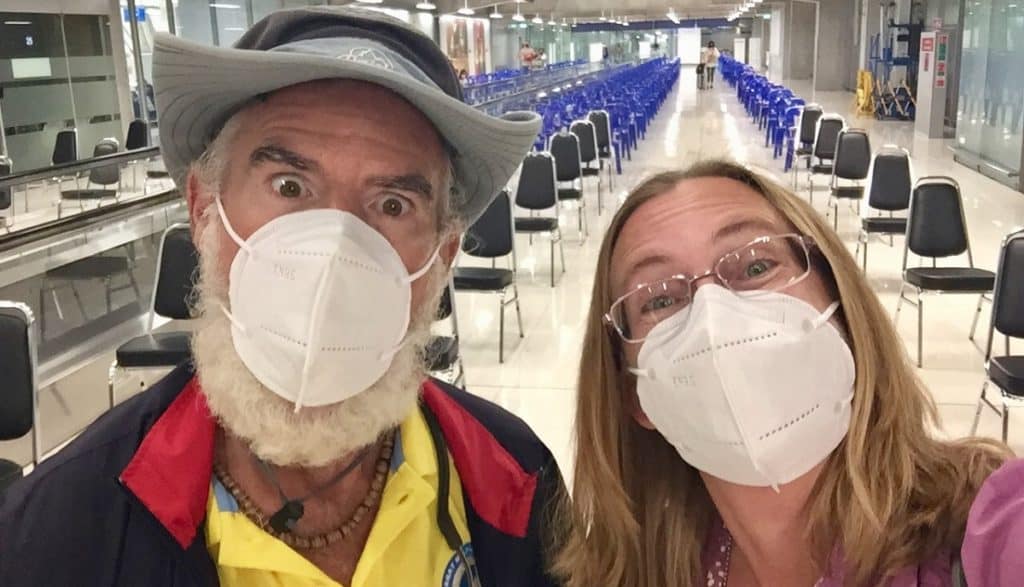 Theo and Ellen in an empty Bangkok airport terminal as they restart a slow travel lifestyle in the 'new normal' with COVID.