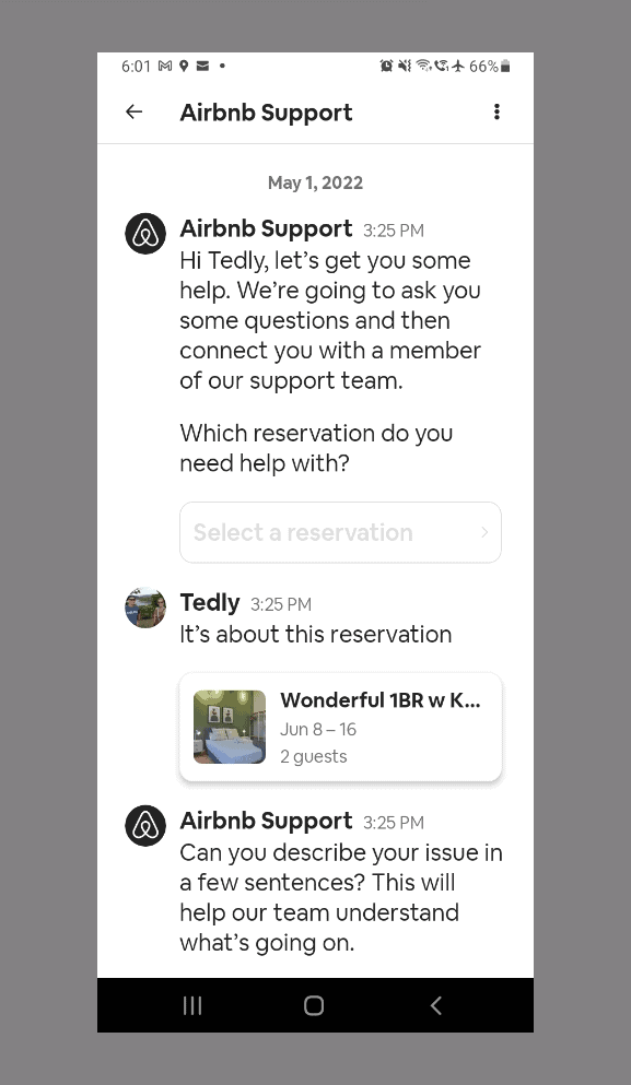 screen grab of airbnb complaint about a host