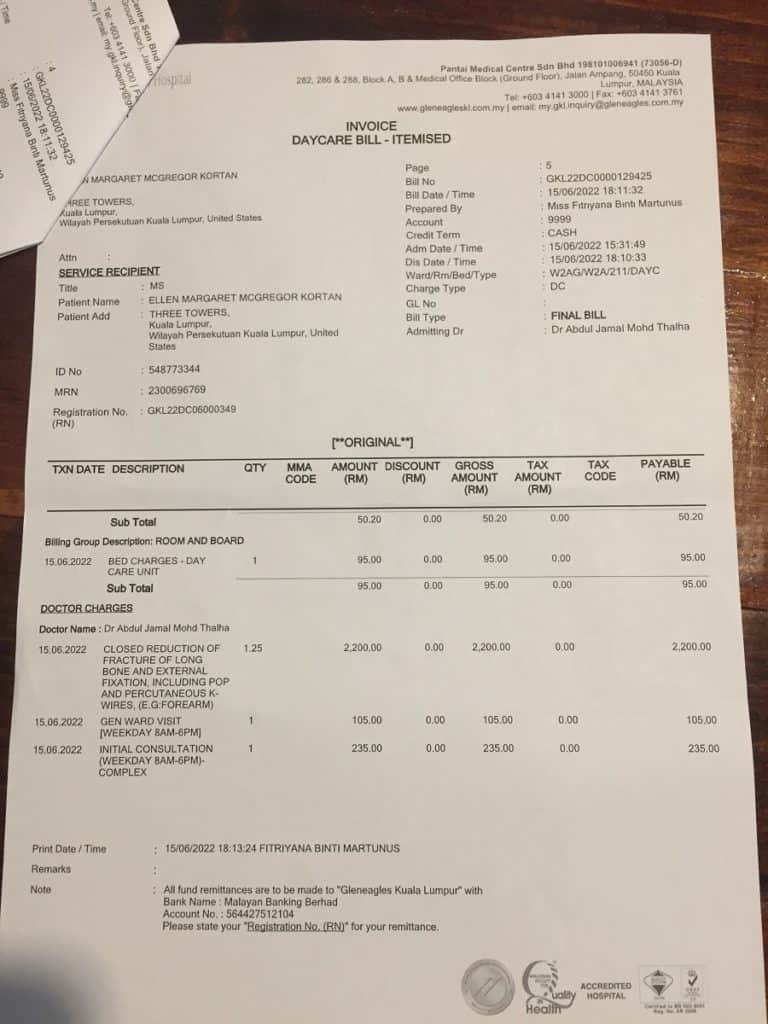 itemized hospital bill from gleneagles kuala lumpur