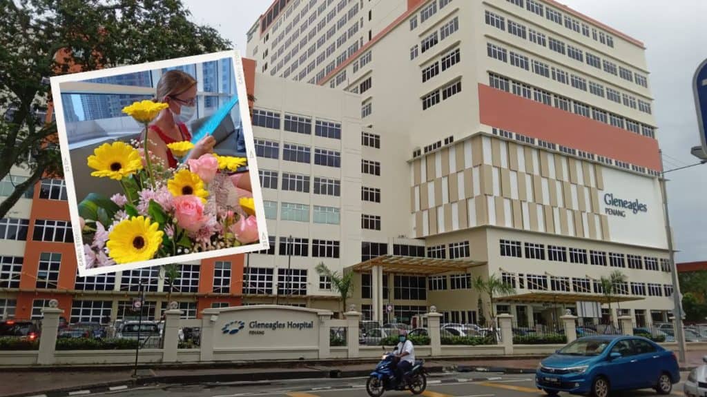 Gleneagles hospital in Penang and Ellen with flowers for a friend.
