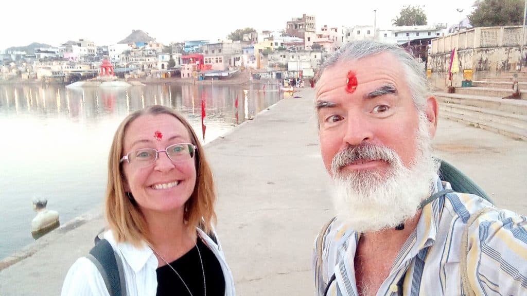 ellen and theo have bindis at pushkar lake in india