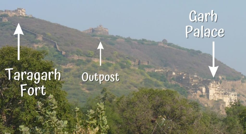 View of Taragarh Fort, the outpost, and Garh Palace.