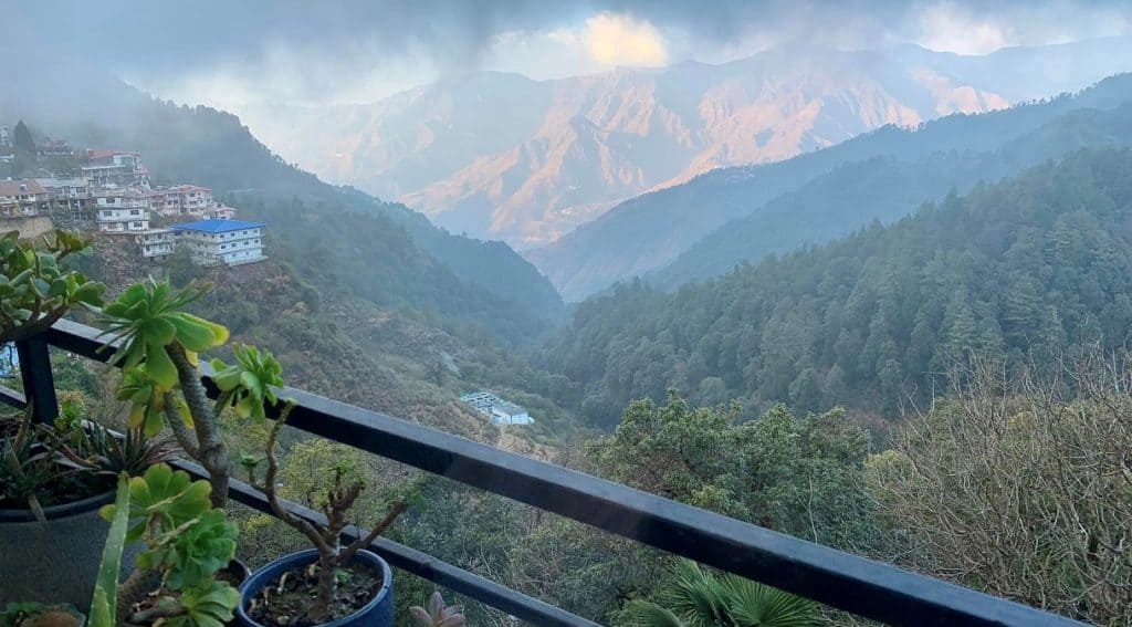 Breathtaking view of Himalayas from Little Llama Cafe in Mussoorie, India.