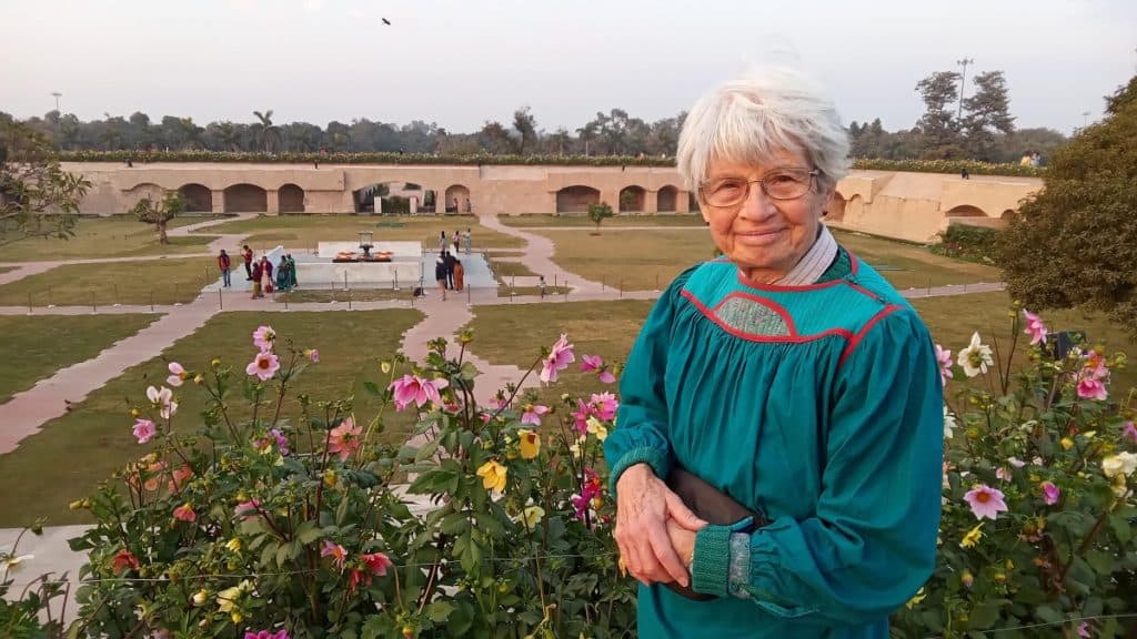 Mom Diane at Raj Gat - the Gandhi Memorial, where he was cremated in New Delhi, India.