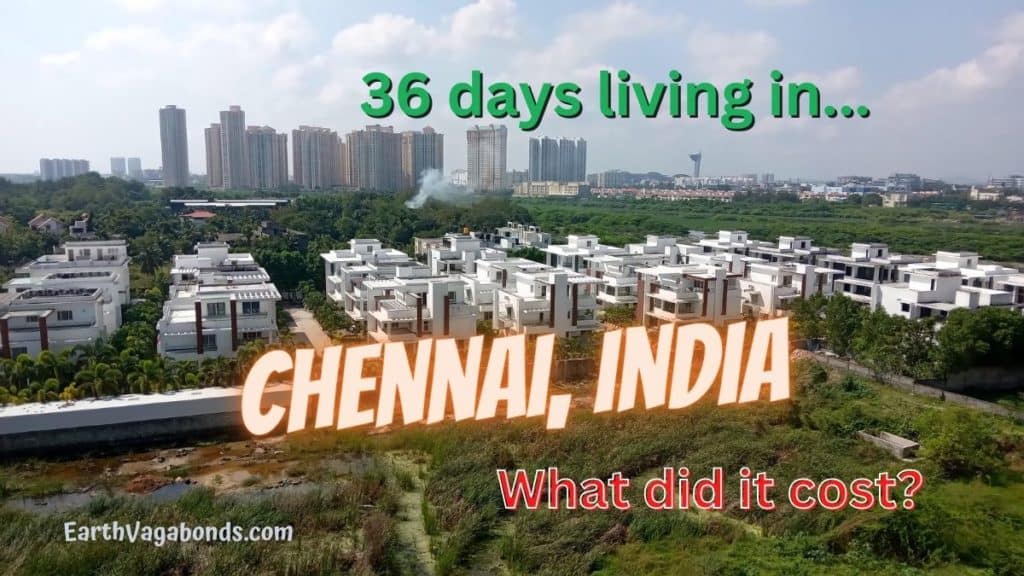 Partial city skyline with phrase about what it cost to live in Chennai, India.