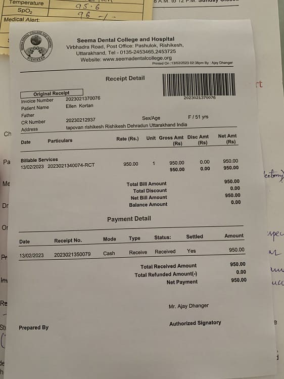 payment receipt for emergency root canal in rishikesh, india at the seema dental school and hospital