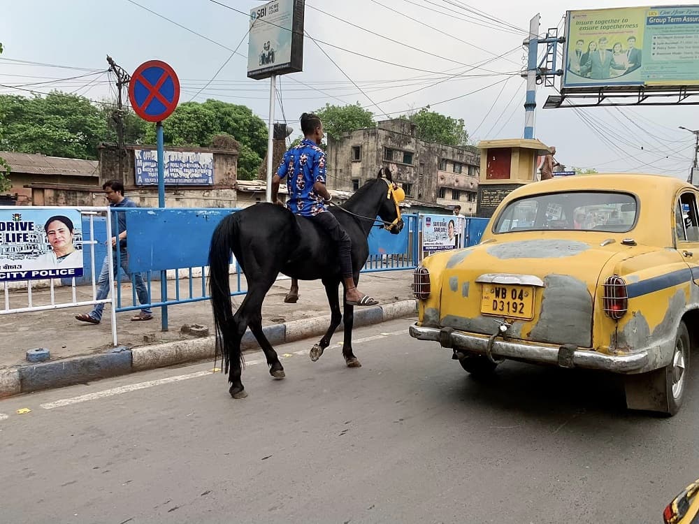 man on a horse on a main road in kolkata, india