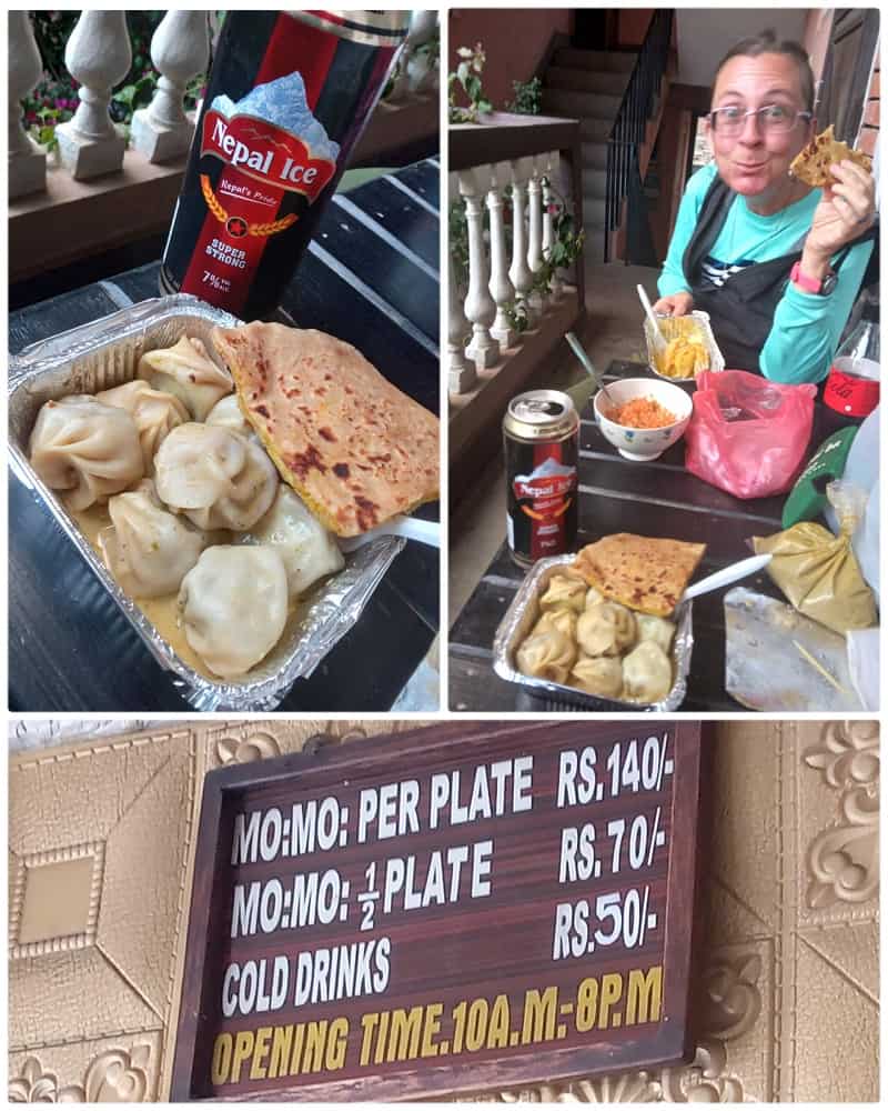 montage of momos and beer and price sign