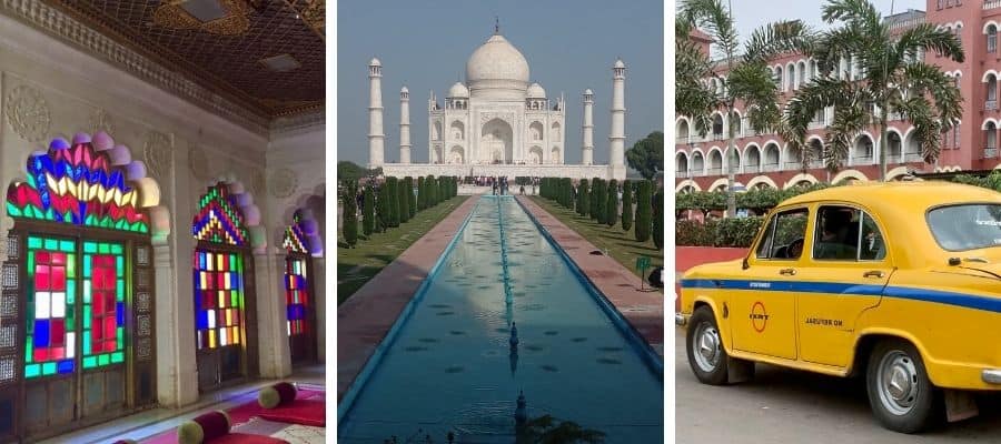 left, rajasthan palace; center, taj mahal; right, kolkata cab among features in articles on slow travel in india