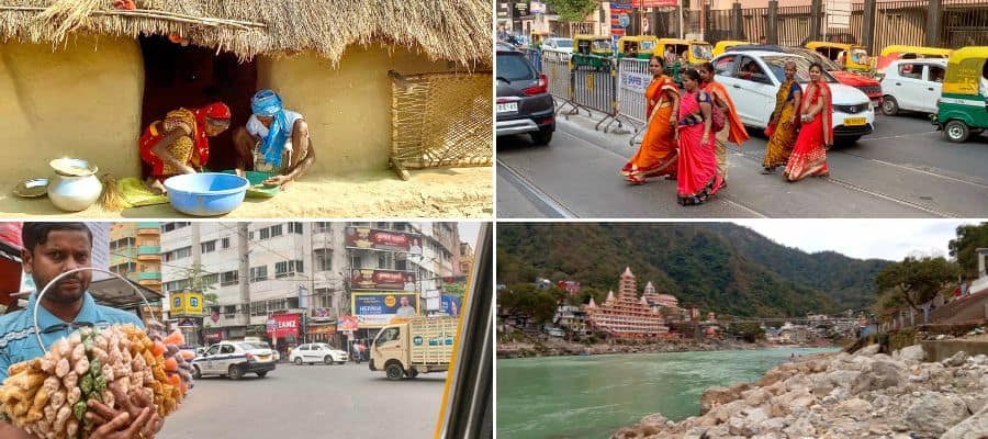 various photos of indians and the ganges river in rishikesh from articles on slow travel in india