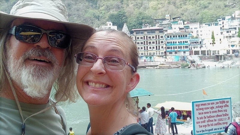 theo and ellen on the ganges river in rishikesh, india