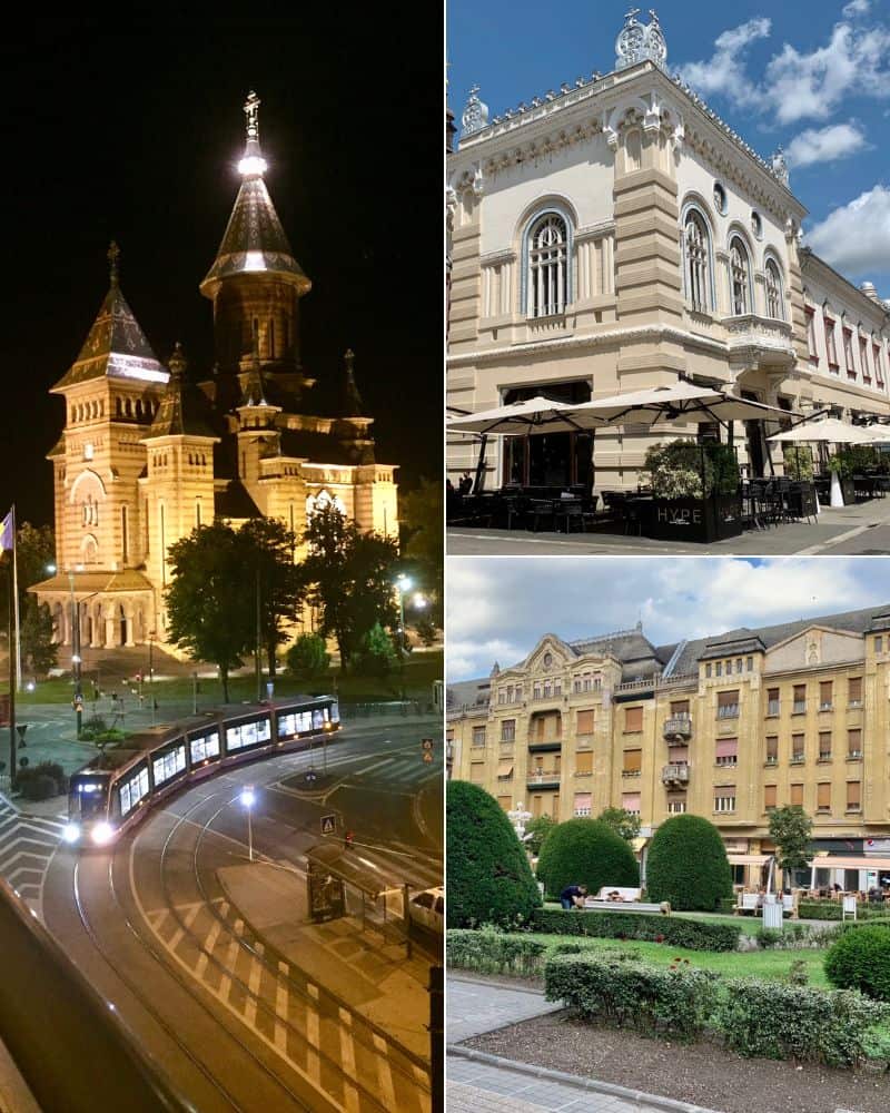 tram in timisoara and buildings with cafes on the ground floor