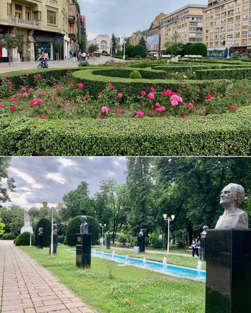 timisoara flower garden with rose bushes; park with busts of city leaders and water fountains